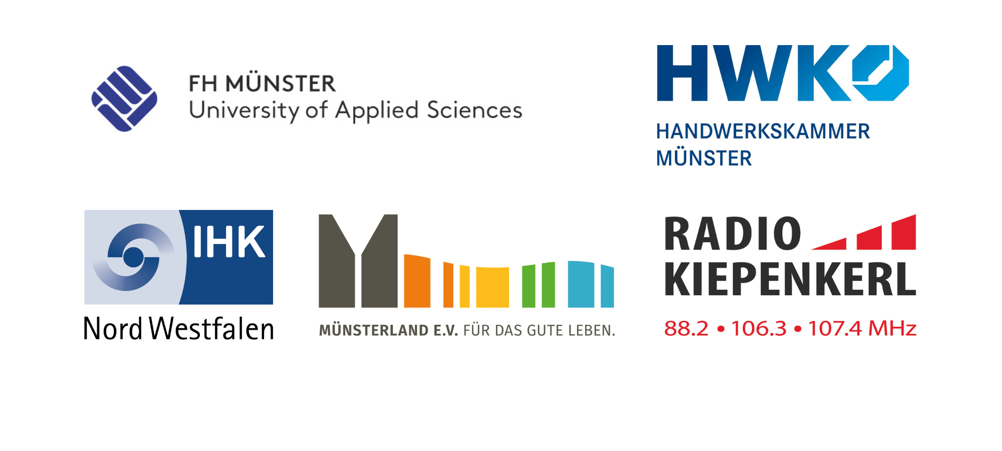 Logos der Partner: FH Münster, HWK, IHK, Münsterland e.V, Radio Kiepenkerl
